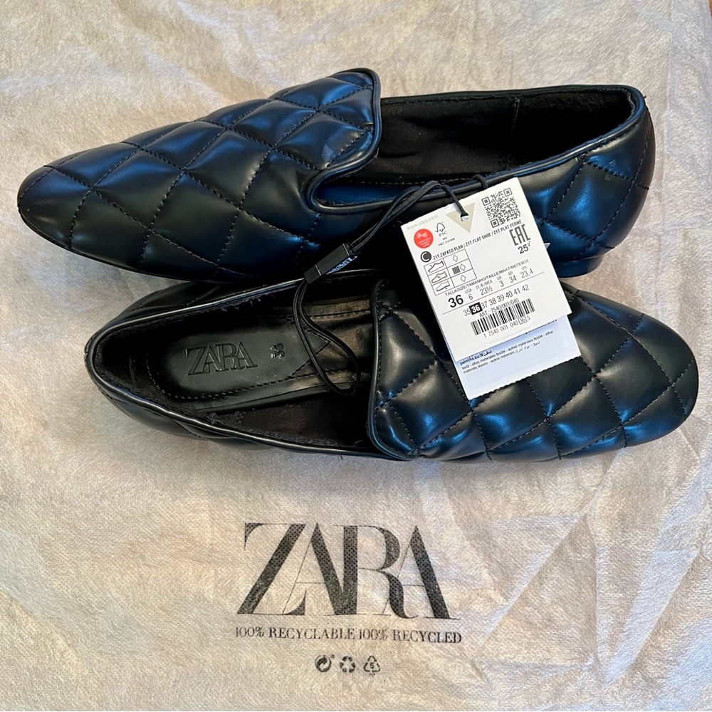 NWT Women’s EU 36 US 6 Zara Black Quilted Flat Loafer Shoes Airfit Comfort